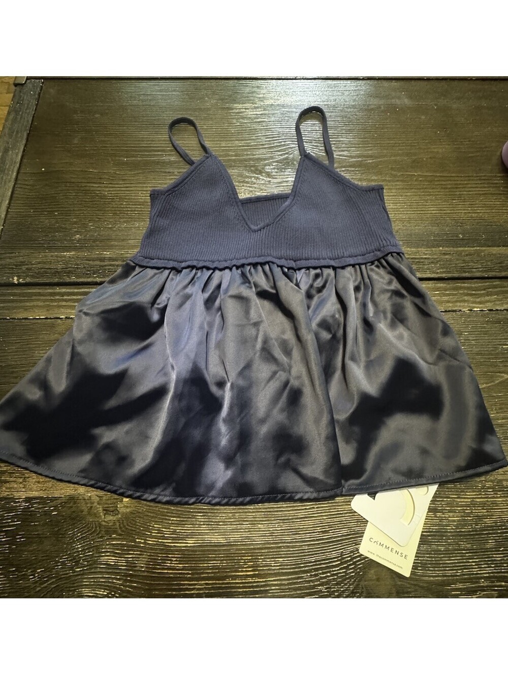Commense XS Navy Satin Peplum Cami Tank Top Ribbed NWT